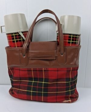 Vintage Red Plaid Picnic Bag with 2 Thermos